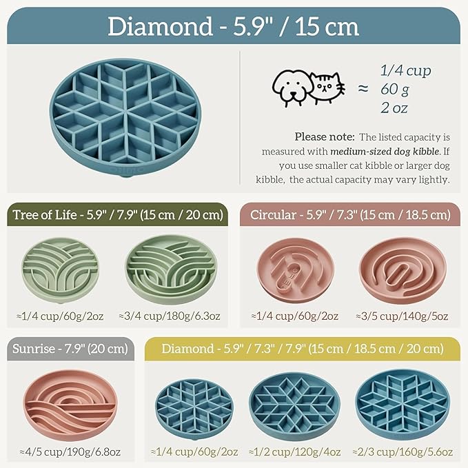 OHMO Slow Feeder Dog& Cat Bowl, Silicone Puppy Cat Food Bowl with Anti-Slip Suction Cup Slow Down Small Dogs Eating, Anti Choking (S-Diamond,Sage Green)