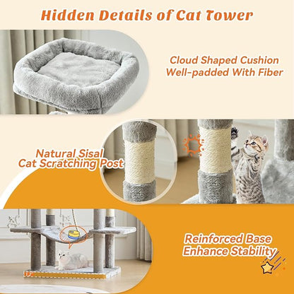 Sweetcrispy 66 inch Cat Tree Tower, Large Multi Level Cat Climbing Tower with Condo, Natural Sisal Scratching Posts, Extended Platform, Hammock, Pet House for Indoor Cats and Kittens Play, Grey