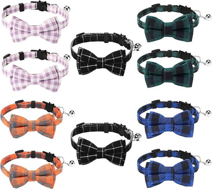 10 Pcs Cat Collar Breakaway with Bow Tie and Bell Kitten Collars Removable Bowtie Plaid Cat Collar for Cats Kittens Puppy Halloween Decor