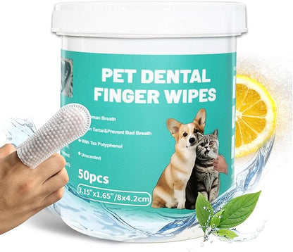 Dog Teeth Dental Finger Wipes for Dogs & Cats No-Rinse Dog Finger Toothbrush Dog Plaque & Tartar Prevention with Brushing Beads Dog Breath Freshene 50pcs