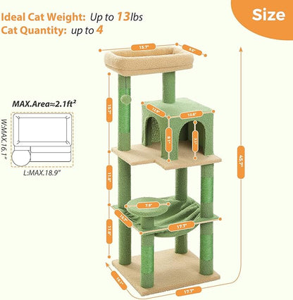 PEQULTI 45.7'' Cactus Cat Tree for Indoor Cats with Metal Frame Big Hammock, Cat Tower for Small or Medium Cats with Cat Condo House, with Scratching Posts and Top Perch, Green