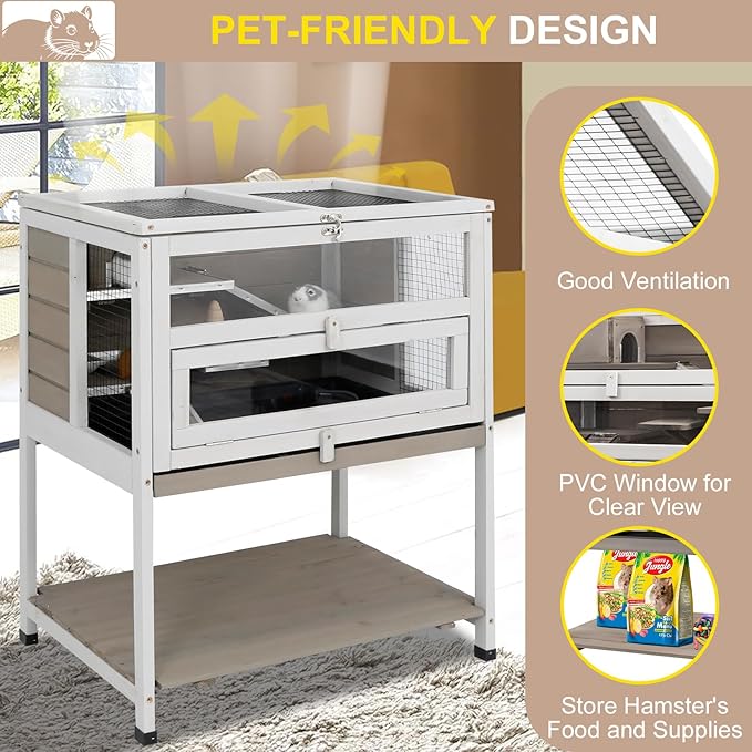 Large Hamster Cages, Easy Clean Hamster Cages and Habitat with Food Bowl, Shelf and Ladder, Wooden Indoor Small Animal Cage with Not Leakage Pull Out Tray (25.6" L X 17.7" W X 30.9”H)