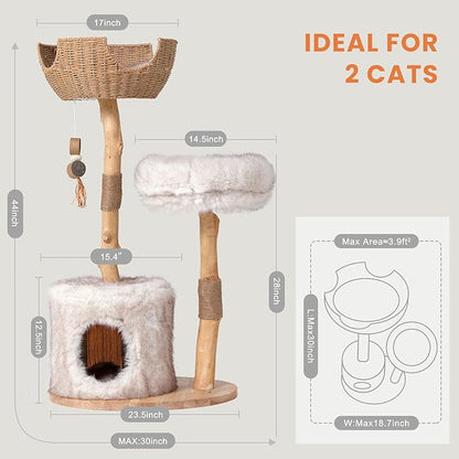 Cat Tree Tower with Two Real Branches, 44 INCH Wood Modern Cat Tower with Luxury Cat Condo, Cat Scratching Post, Jumping Platforms, Cat Furniture (Long Plush)