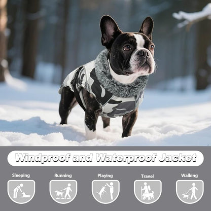 DENTRUN Large Dog Winter Coat - Windproof Reflective Warm Coat, Adjustable Neck & Snap Closure, Water Repellent Thick Fleece Vest, Fleece Lined for for Golden Retriever, White Camo, XL