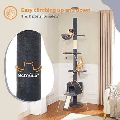 PEQULTI Cat Tree Floor to Ceiling, Tall Cat Tower, Adjustable Height (83''-108'') 5 Tiers Climbing Tree for Indoor Cats with Cat Condo, Scratching Post and Ladder, Dark Grey
