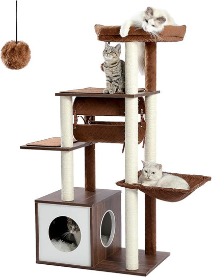 PEQULTI 51.4 Inches Modern Cat Tree Premium 6 Levels Wooden Cat Tower with Fully Sisal Covered Scratching Posts, Cozy Condo, Spacious Perch, Super Large Hammock and Swing Tunnel for Indoor Cats Brown