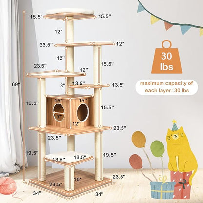 PETSITE Tall Cat Tree for Indoor Cats, 69 Inches Multi-Level Modern Cat Tower with Plush Perch, Cozy Condo, Platforms, Sisal Scratching Posts, EVA Massage Comb & Removable Cushions (Natural)