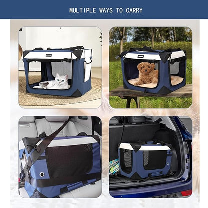 Large Cat Carrier, Collapsible Dog Travel Crate Portable Soft-Sided Pet Carrier with Super Soft Warm Plush Mat for Indoor and Outdoor 24x16x16in,Navy Blue