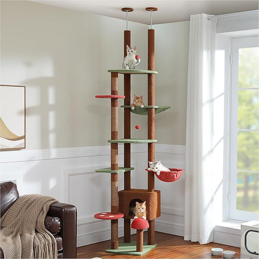 PETEPELA Floor to Ceiling Cat Tree, Adjustable 90.5''-100.4'' Cat Tower Mushroom Climbing Tree with Scratching Posts, Spacious Condo and Large Hammock for Indoor Cats Large Adult, Brown