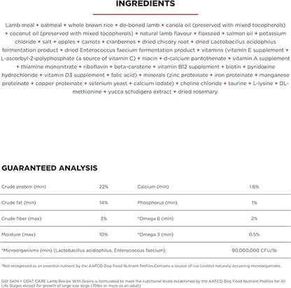 Go! Solutions Skin + Coat Care, Dry Dog Food, Lamb Recipe with Grains, 22 lb Bag