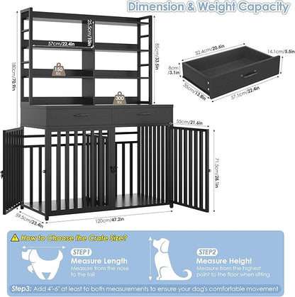 Keyluv 71''H x 47.2''W Large Dog Crate Furniture with 4-Tier Shelves and 2 Storage Drawers, Heavy Duty Dog Cage Furniture with 2 Doors, Wood & Metal Dog Kennel Indoor for Small/Medium/Large Dog, Black