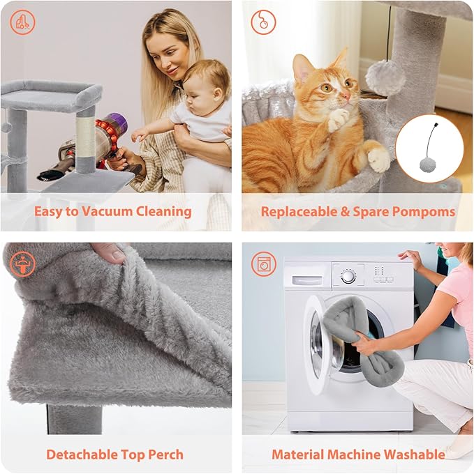 Cat Tree for Indoor Cats with Metal Frame Plush Hammock, 32" Cat Tower with Cozy Condo, Top Perch, Scratching Posts, and Replaceable Ball Toy, Pet Furniture for Small Cats & Kittens, Grey