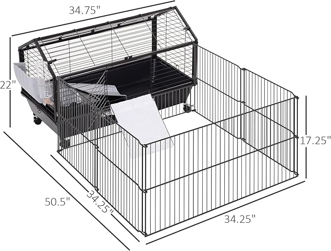 PawHut Small Animal Cage with Foldable Run Area, Rolling Bunny Cage, Guinea Pig Cage, Hedgehog Cage with Water Bottle, Water Bowl, and Ramps, 35" L