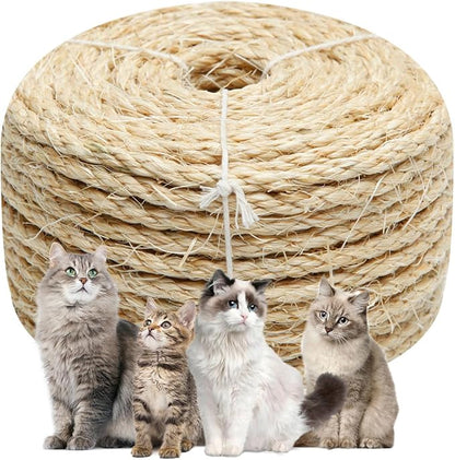 Natural Sisal Rope 1/4 Inch by 32-Feet for Cat Scratching Post Tree Tower Replacement Repair and Replace, DIY Hemp Twine Rope for Kittens Shelves Furniture Window Bed Perch House, 6mm by 10m