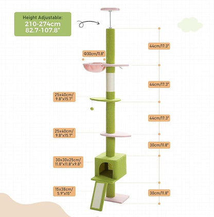 PEQULTI Cat Tree Floor to Ceiling, Green Cat Tower, Adjustable Height (83''-108'') 5 Tiers Tall Climbing Tree for Indoor Cats with Cat Condo, Scratching Post and Ladder, Light Green