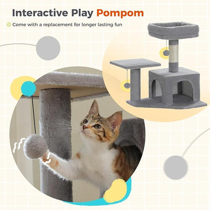 PEQULTI 56.3'' Cat Tree for Indoor Cats, Multi-Level Cat Tower with 2 Top Perch. Cat Condo, Hammock and Sisal-Covered Scratching Post, Grey