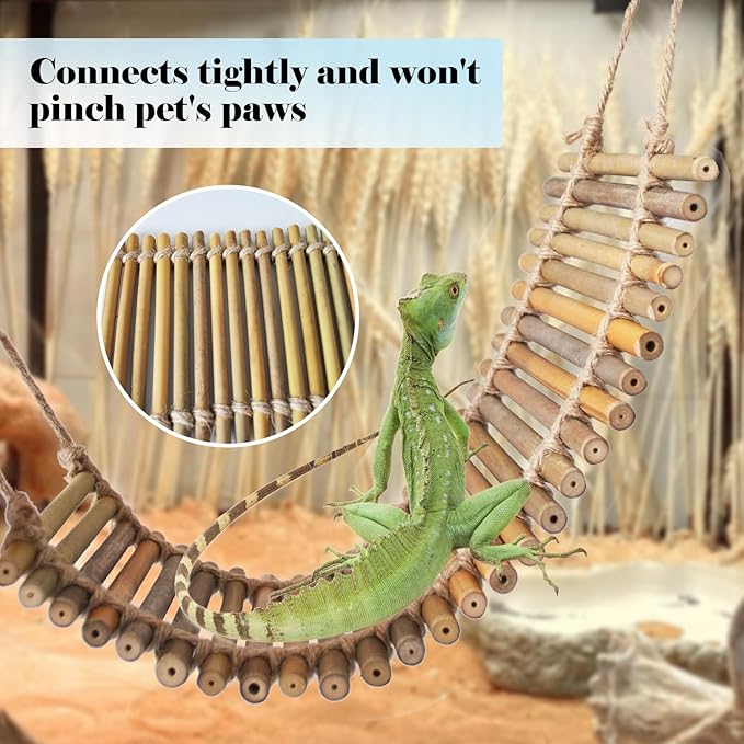 kathson Reptile Bridge for Terrarium,Bearded Dragon Wooden Bridges Gecko Hammock with Hanging Plants Lizard Lounger Bamboo Ladder Reptiles Tank Accessories Climbing for Chameleons Geckos Snakes (3Pcs)