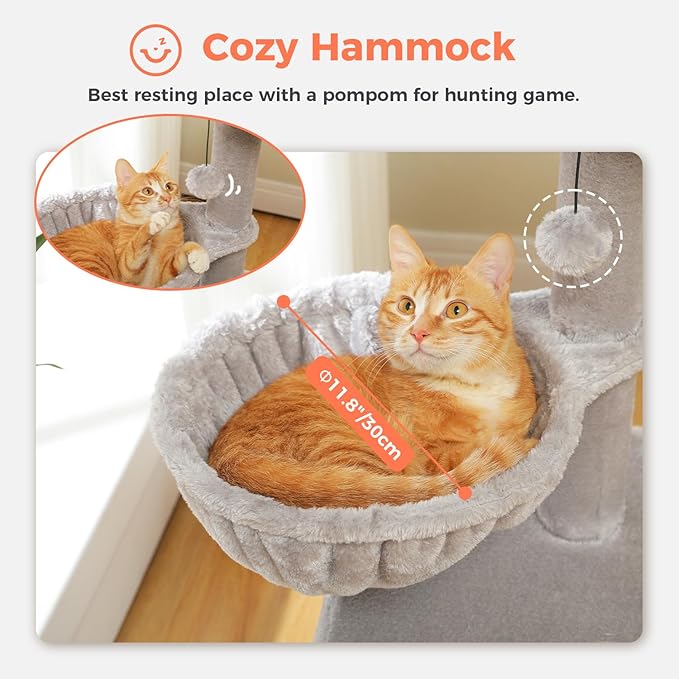 Cat Tree for Indoor Cats with Metal Frame Plush Hammock, 32" Cat Tower with Cozy Condo, Top Perch, Scratching Posts, and Replaceable Ball Toy, Pet Furniture for Small Cats & Kittens, Grey