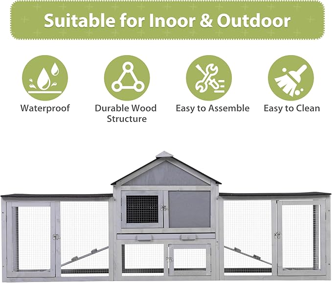 COZIWOW 2 Story 83”Wood Assembled Rabbit Hutch Indoor&Outdoor Bunny Cage with Double Runs and Weatherproof Roof, Guinea Pig Pet House for Small Animals（Gray）