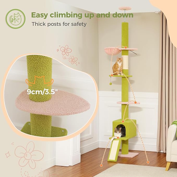 PEQULTI Cat Tree Floor to Ceiling, Green Cat Tower, Adjustable Height (83''-108'') 5 Tiers Tall Climbing Tree for Indoor Cats with Cat Condo, Scratching Post and Ladder, Light Green