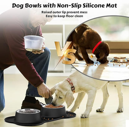 AsFrost Dog Food Bowls Stainless Steel Dog Bowls, Pet Dog Food Water Bowls No-Spill Non-Skid, Feeding Bowls with Dog Bowl Mat Dog Dishes for Small Medium Size Large Dogs Cats Puppy, Black, 240z