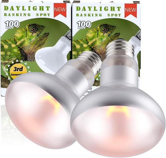 100W 2-Pack Reptile Basking Heat Bulb - UVA Daylight Heat Lamp for Bearded Dragons, Turtles, Snakes, Lizards & Amphibians - Provides Infrared Heat Output & Sunlight Simulation Heating Light