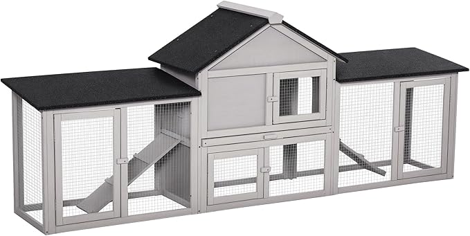 PawHut 83" L Outdoor Rabbit Hutch with Double Runs, Large Guinea Pig Cage Indoor, Wooden Bunny Hutch with Weatherproof Roof, Removable Tray, Ramps, Gray