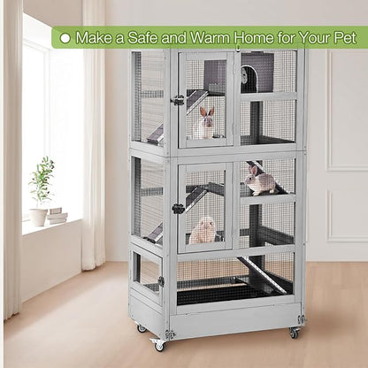 Large Ferret Cage, Chinchilla Cage with 5 Levels, Wooden Guinea Pig Cages with Wheels, Small Animal Cages with Ramp, Hideout, Pull Out Tray, for Rat, Hamster, Hedgehog