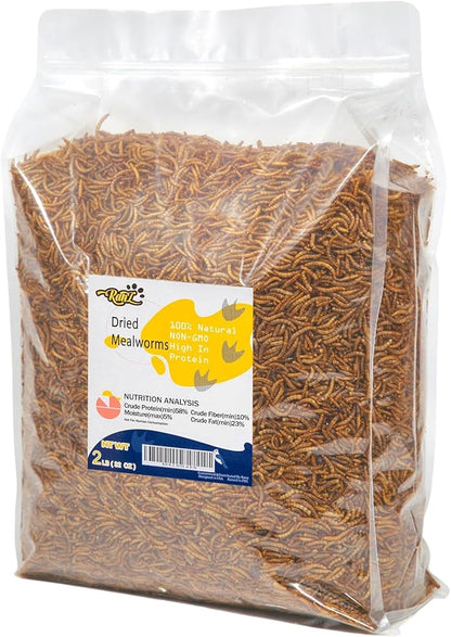 RANZ 2LBS Non-GMO Dried Mealworms for Chickens, High Protein Meal Worms, Premium Chicken Feed, Whole Large Mealworms for Blue Birds, Ducks, Fish