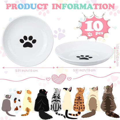 Irenare 10 Pcs Ceramic Cat Bowl 6 Inch Anti Whisker Fatigue Cat Plates Set Cute Shallow Pet Food Bowl Dishes for Food and Water, Kittens Small Animals(Simple Pattern)