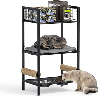 4in1 Cat Furniture Stand with Cat Scratching Post, Cat Food Bowls, Cats Bed Platform, Cats Food Storage Organizer, All in One Pet Furniture for Small Space (Metal, Black)
