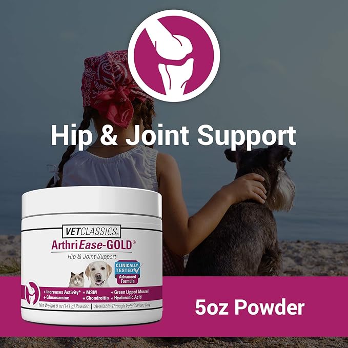 Vet Classics ArthriEase-Gold Hip & Joint Support for Dogs, Cats– Pet Health Supplement Powder – Alleviates Aches, Discomfort – For Flexibility, Healthy Joint Function – Antioxidants – 5 Oz