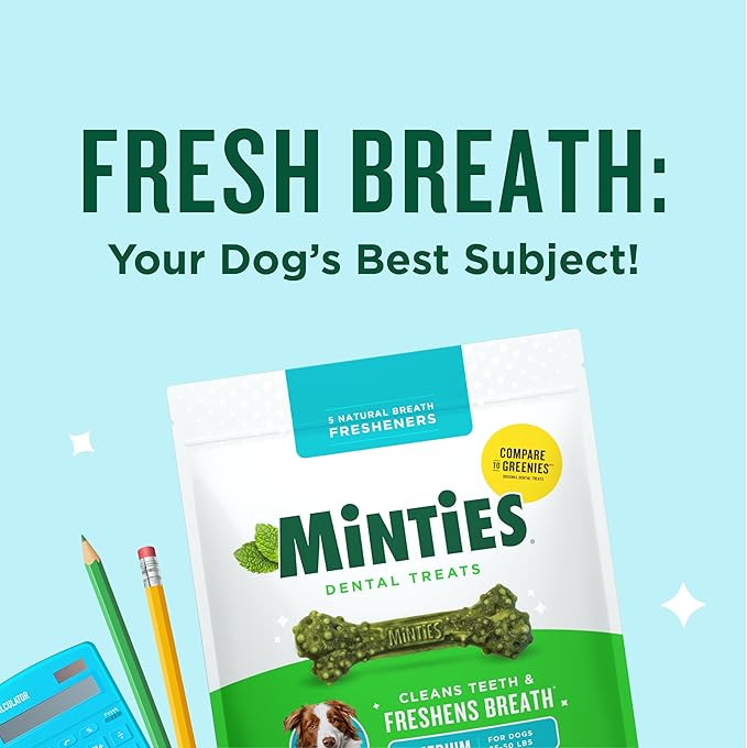 Minties Dental Chews for Dogs, 20 Count, Vet-Recommended Mint-Flavored Treats for Medium Dogs 25-50 lbs, Dental Bones Clean Teeth, Fight Bad Breath, and Removes Plaque and Tartar