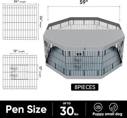 PJYuCien Dog Playpen, 8 Panels 24”H Dog Playpen Indoor with Grey Bottom Pad and Top Cover, Metal Foldable Dog Pen for Indoor Use, Only for Small Medium Animals, Grey