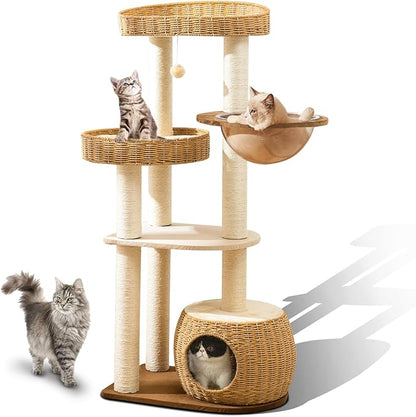 Big Cat Tree for Large Cats - Multi-Cat Tower with Natural Sisal & Handwoven Basket, Extra Sturdy Base, Breathable Perch - Rustic Wood Style Cat Furniture for Indoor Cats