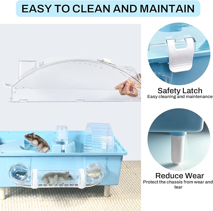 Tfwadmx Dwarf Hamster Cage,Acrylic Rat Cage,Hamster Home Small Animal Cages with Tube Exercise Wheel Mouse Habitat for Gerbils Mice 17.7”x11”x11.8”, Blue