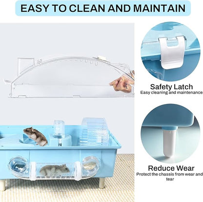Tfwadmx Dwarf Hamster Cage,Acrylic Rat Cage,Hamster Home Small Animal Cages with Tube Exercise Wheel Mouse Habitat for Gerbils Mice 17.7”x11”x11.8”, Blue