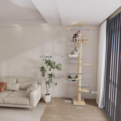 Modern Floor to Ceiling Cat Trees Tower with Sisal Rope Scratching Post, 5 Tier Cat Climbing Tree for Indoor Cats Large Adult, Height 82-117 inch, Adjustable Tall Cat Activity Tree(Deluxe Style 3)