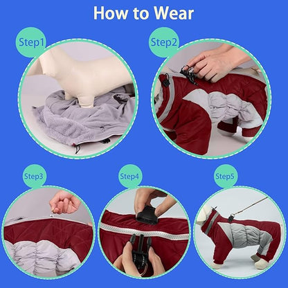 MIGOHI Full Body Dog Coat - Warm Reflective Winter Coat with Harness, Turtleneck Fleece Jacket for Small to Large Dogs - Four-Legged Snowsuit with Zipper