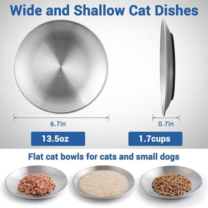 Stainless Steel Cat Bowls, Flat Metal Cat Food Bowl Set with Silicone Ring for Non Slip, 6.7" Wide and Shallow Cats Dishes or Plates for Feeding Indoor Cats, Kitten, Small Dogs (Silver-3 Pack)