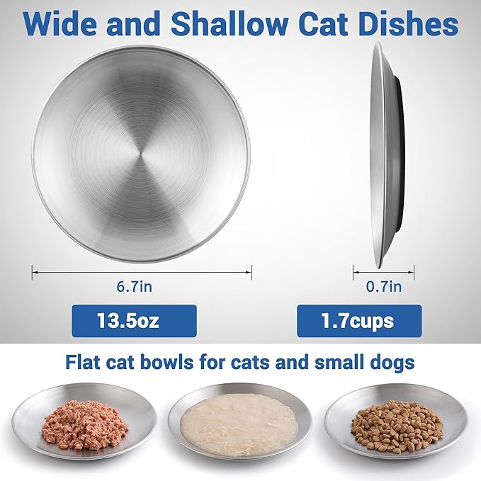 Stainless Steel Cat Bowls, 6.7" Wide and Shallow Cat Food Bowl Set with Silicone Ring for Non Slip, Flat Metal Cats Dishes or Plates for Feeding Indoor Cats, Kitten, Small Dogs (Silver-2 Pack)