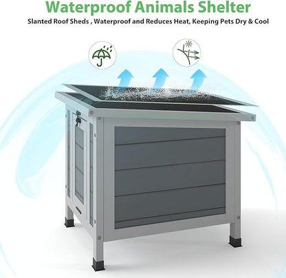 Coziwow Rabbit Hutch, Outdoor Cat House Weatherproof, Bunny Cage Indoor with Openable, Portable Small Animals Shelters with Nonslip Ramp for Hideout Rabbits/Feral Cats/Chicken/Duck/Small Animals-Gray