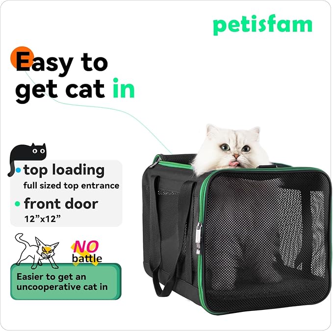 petisfam Easy Load Pet Carrier Bag for Medium and Large Cats with Durable Double-Thickness Fabric and Stable Structure. Black w/Green Trim, L