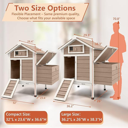 Large Chicken House Outdoor with 2 Nesting Box, Small Wood Chicken Coop Hen House with Removable Trays, Ramp, Outdoor Indoor Rabbit Hutch Poultry Cage (32" L x 23.6" W x 36.6" H)