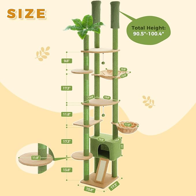 PETEPELA Floor to Ceiling Cat Tree, Adjustable 90.5''-100.4'' Cat Tower Cactus Climbing Tree with Scratching Posts, Spacious Condo and Large Hammock for Indoor Cats Large Adult, Green
