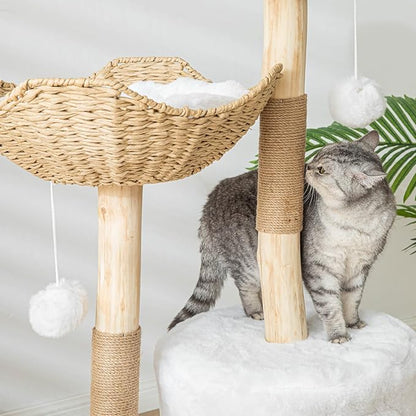 Modern Cat Tree for Indoor Cats Large Adult, 46" Tall Wooden Cat Tower for Large Cats with Scratching Post, Luxury Cat Condo, White