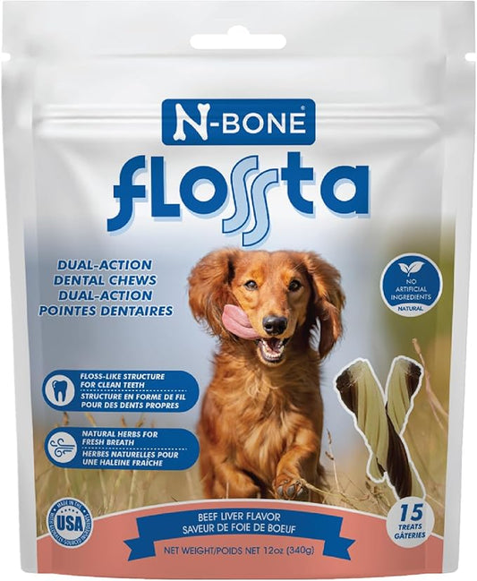 N-Bone FLOSSta Dental Chews for Dogs – Natural Beef Liver Flavor, No Dyes, Grain-Free, Breath Freshening, Plaque & Tartar Control, Digestible Teething Aid – 12 oz Bag