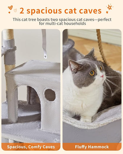 Taoqimiao 76-Inch Cat Tree Cat Tower for Indoor Cats, Plush Multi-Level Cat Condo with 12 Scratching Posts, 2 Perches, 2 Caves, Hammock, 2 Pompoms MS016W Light Gray