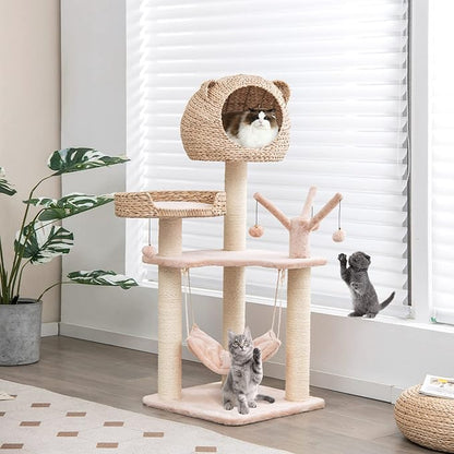 PETSITE Woven Cat Tree, Modern Cat Tower with Hammock & Scratching Posts, Cattail Condo & Top Perch, Cat Activity Tree for Indoor Cats
