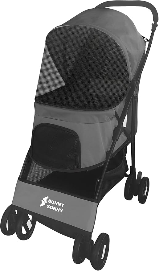 Sunny Sonny Foldable Jogger Pet Stroller with Weather Cover Storage Basket Pet Travel Carrier for S/M Dogs Cats up to 33lbs (Grey)